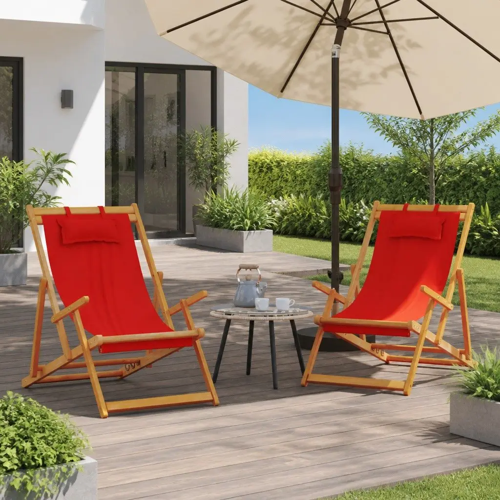 Folding Beach Chair 2 Piece Red Fabric Outdoor Reclining Lounge Camping Garden Seating