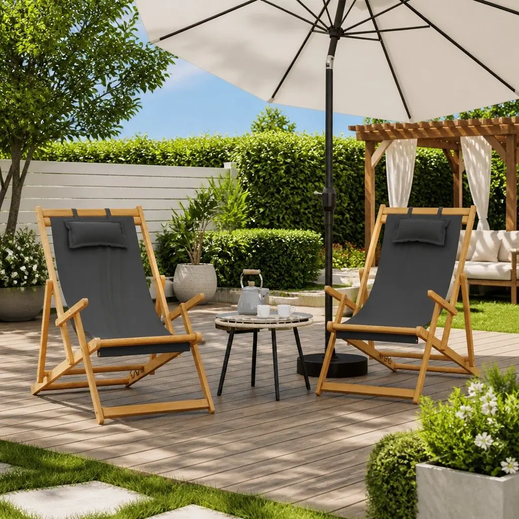 Folding Beach Chairs 2 pcs Grey Outdoor Lounge Adjustable Reclining Durable Seating