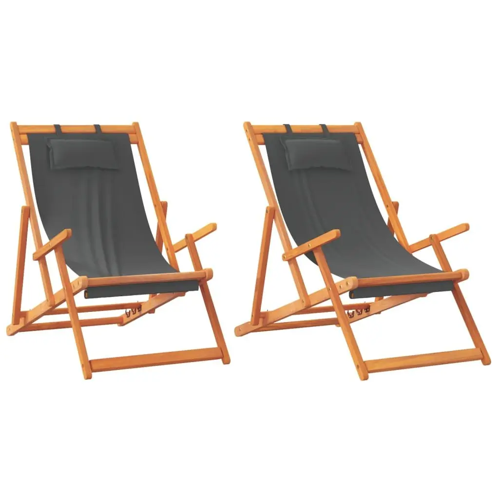 Folding Beach Chairs 2 pcs Grey Outdoor Lounge Adjustable Reclining Durable Seating