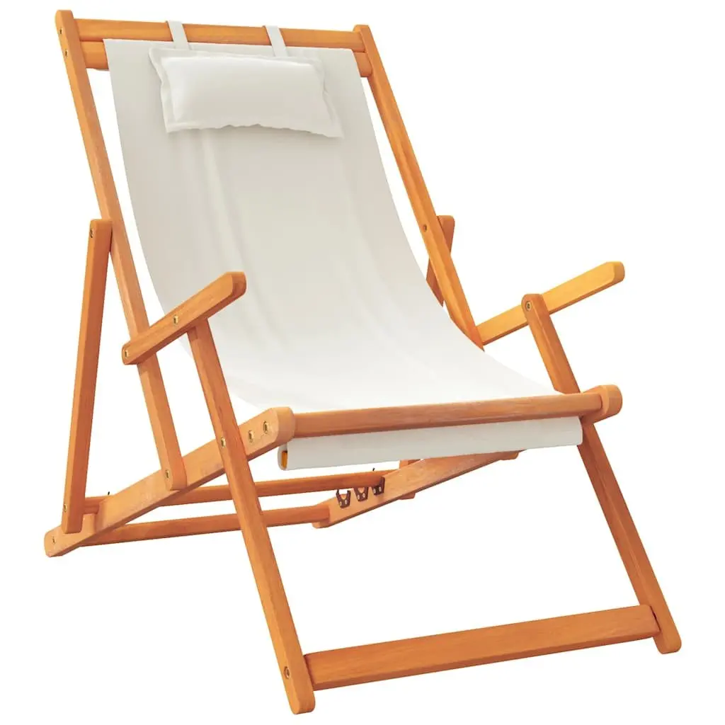 Folding Beach Chairs 2 Piece Cream Outdoor Lounge Reclining Durable Wooden Frame