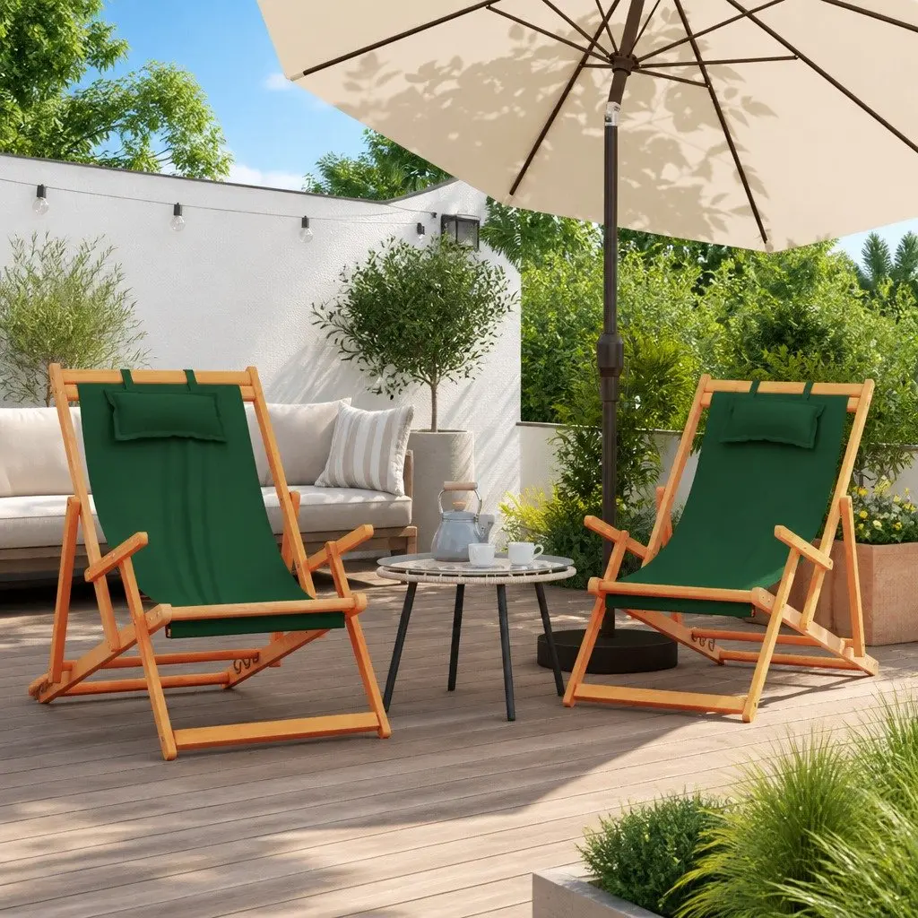 Folding Beach Chairs 2 pcs Green Adjustable Reclining Outdoor Lounge Garden Camping Seating