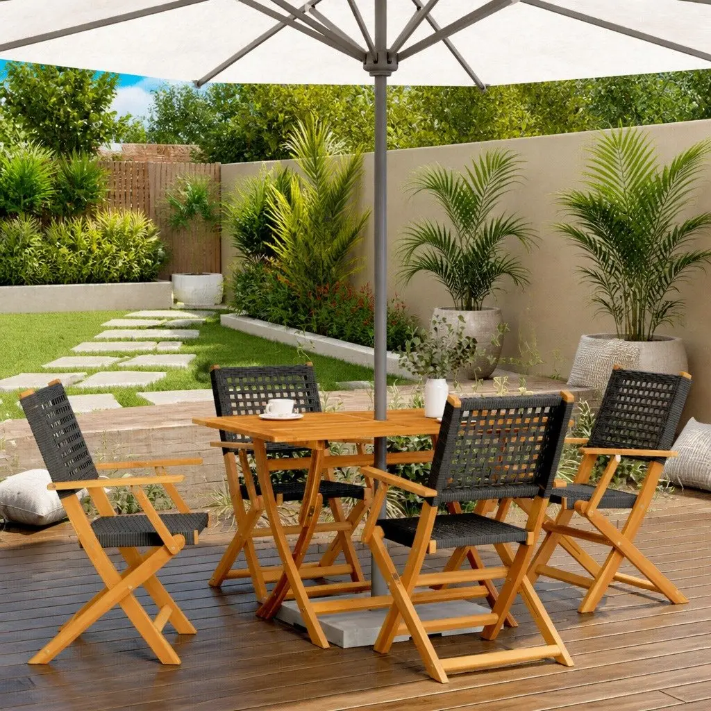 Folding Garden Chairs Set of 4 Black Solid Acacia Wood PE Poly Rattan Outdoor Seating
