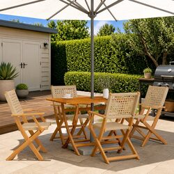 Folding Garden Chairs 4 pcs Beige Poly Rattan Solid Wood Outdoor Seating