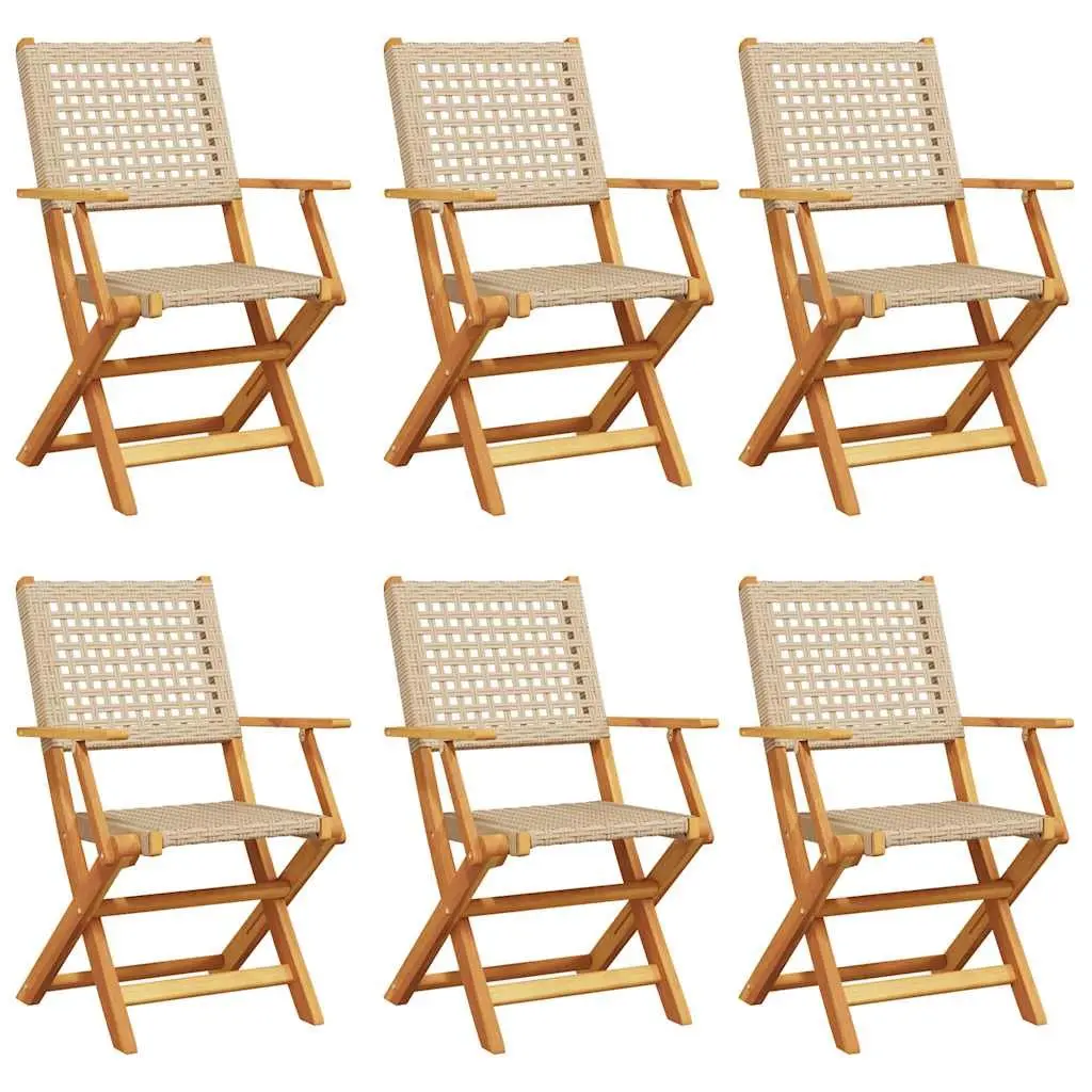 Folding Garden Chairs 6 Piece Beige Poly Rattan Solid Wood Outdoor Seating