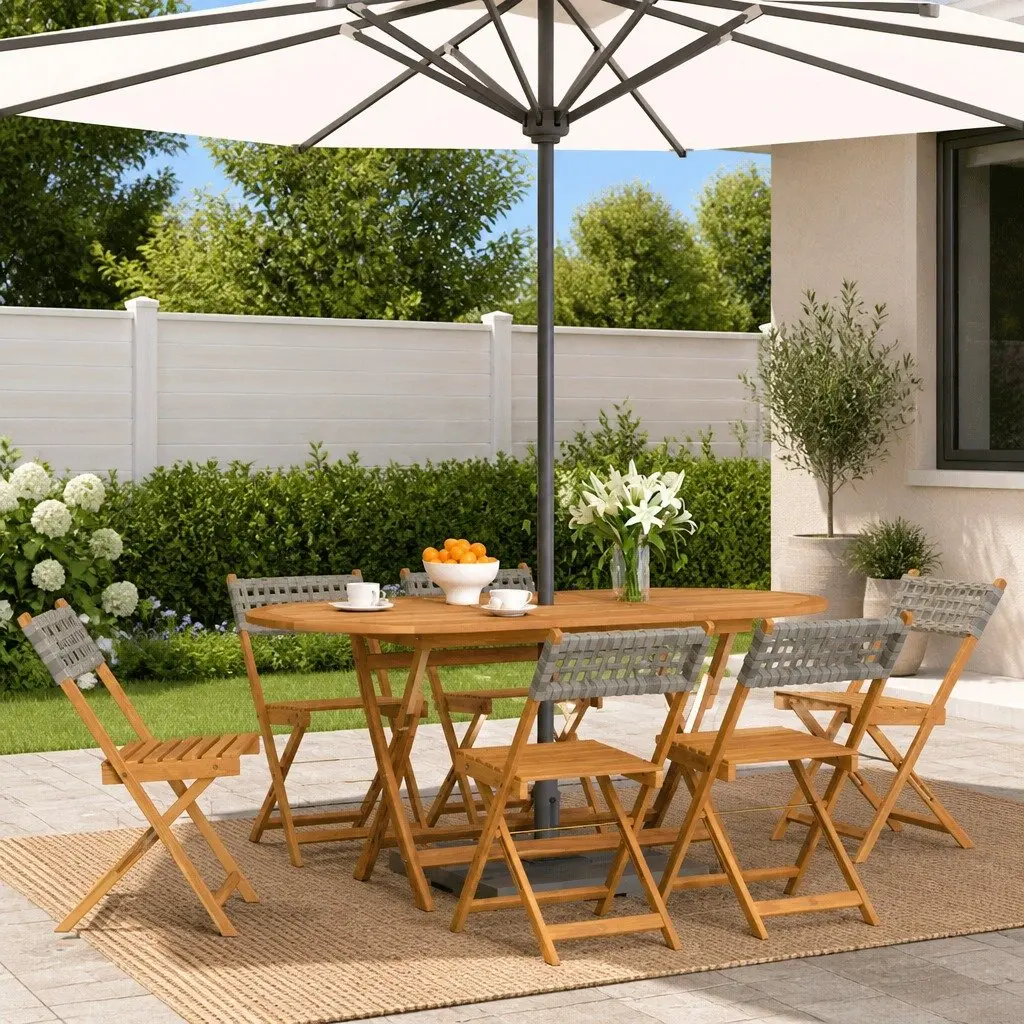 Folding Chairs Set of 6 Grey Outdoor Seating with Wooden Armrests for Garden and Patio Use