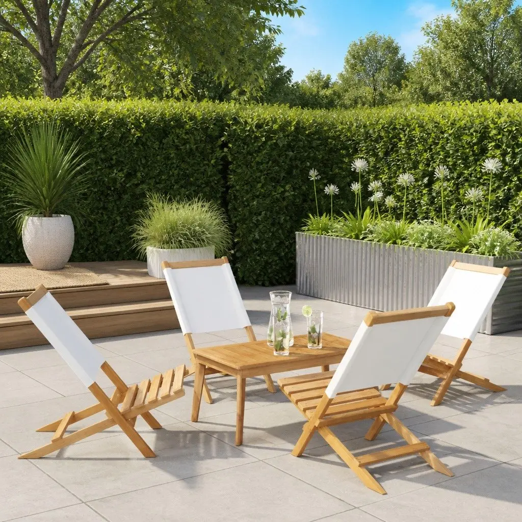 Folding Garden Chairs Set of 4 Cream White Fabric Solid Acacia Wood Outdoor Seating