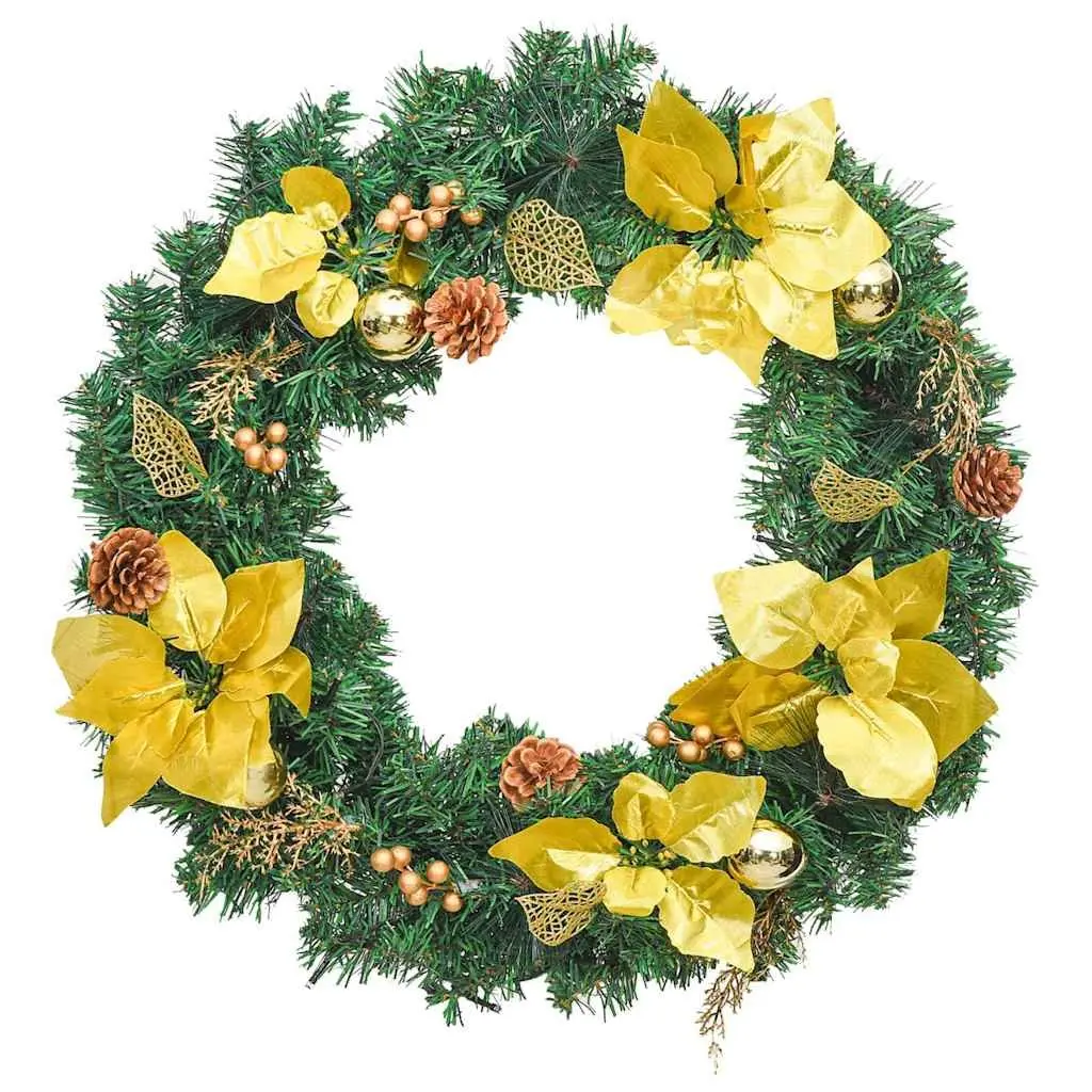 Christmas Wreath 60cm LED Lights Green Gold PVC Baubles Holiday Decor