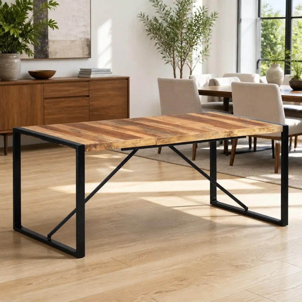 Dining Table 180x90x75 cm Brown Solid Acacia Wood Rubberwood Steel Legs Industrial Style