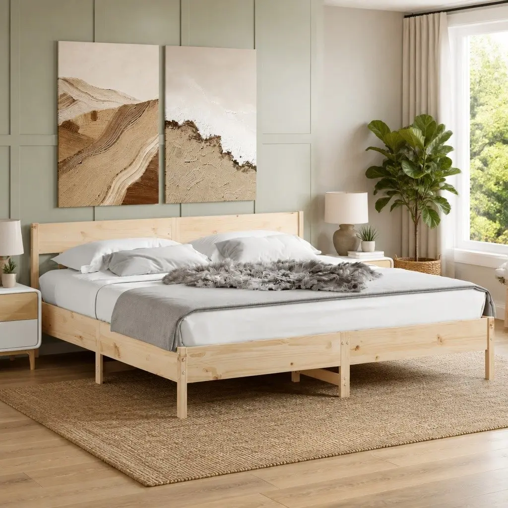 King Bed Frame 183x203 cm Solid Pine Wood Slatted Base Brown