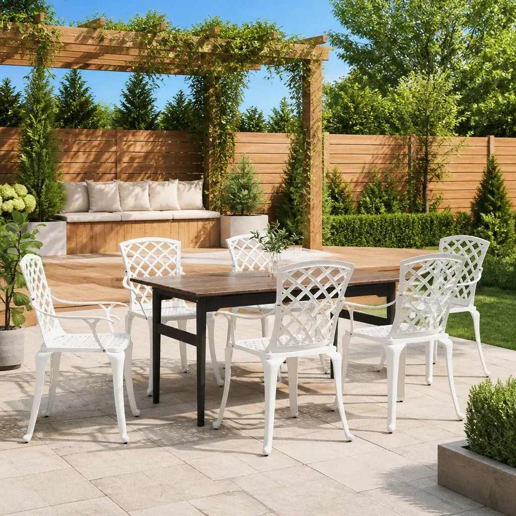 Outdoor Garden Chairs 6 Piece Cast Aluminium White Patio Dining Armchair