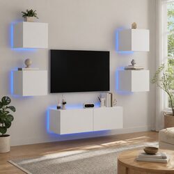 5 Piece TV Wall Cabinets with RGB LED Lights Living Room Storage White