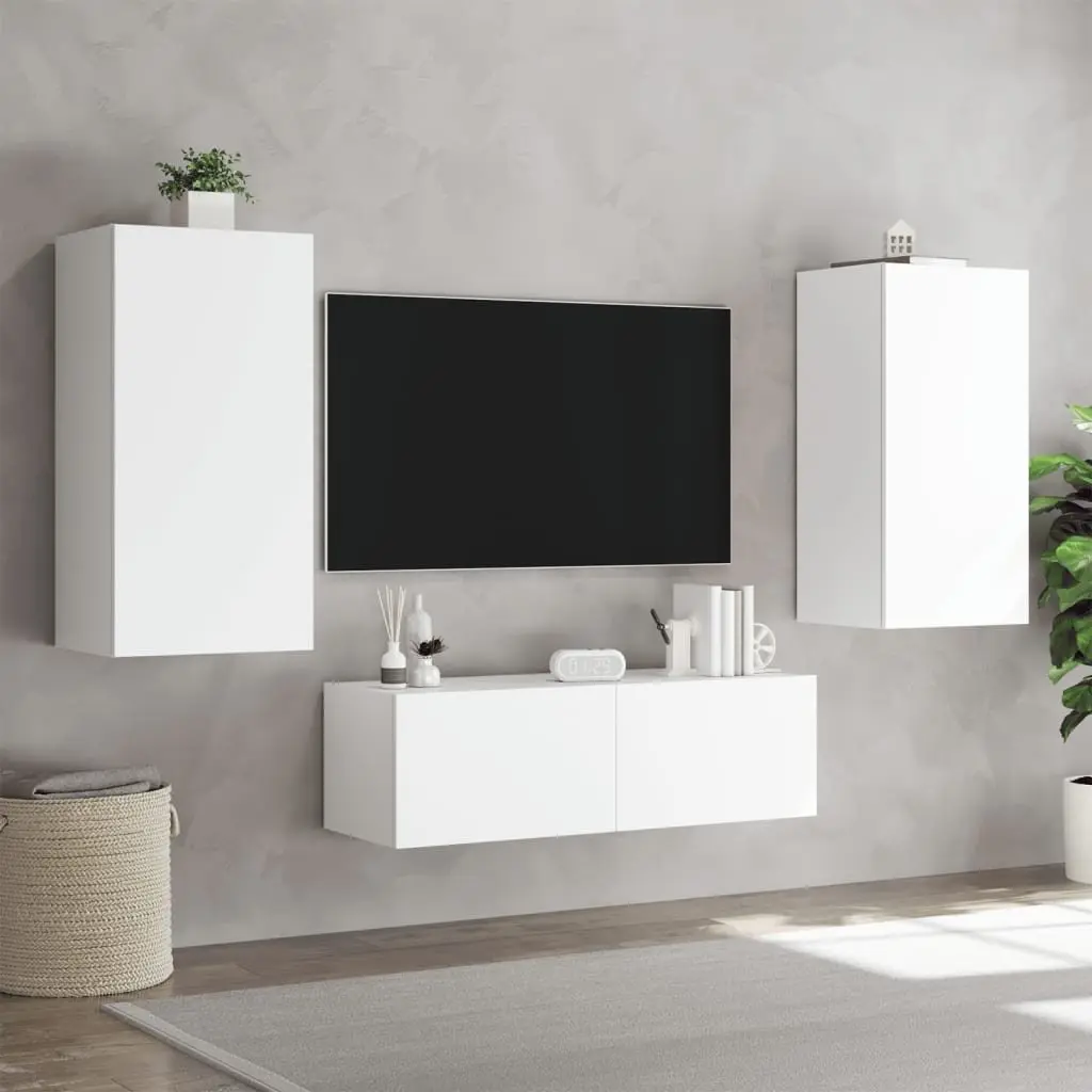 3 Piece Wall Mounted Storage Units White TV Cabinets RGB LED Light Feature