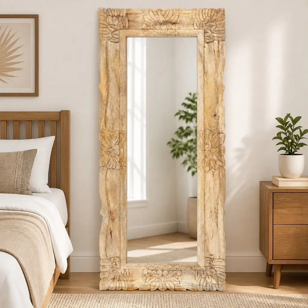 Solid Mango Wood Mirror 110x50 cm Hand-Carved Wall Mounted Home Decor