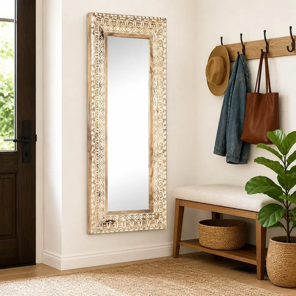 Hand-Carved Wooden Mirror 110x50cm Brown Solid Wood Unique Pattern