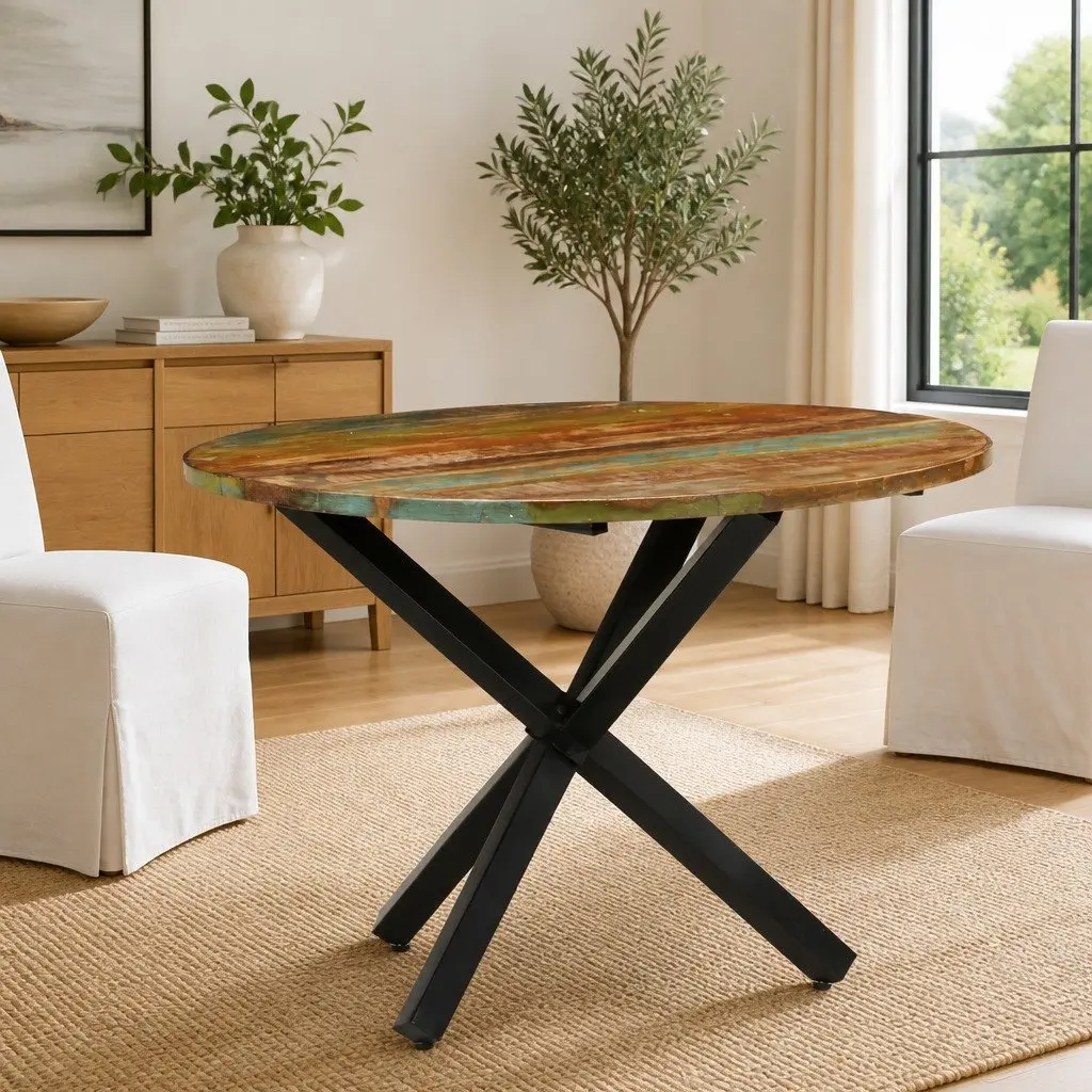 Round Dining Table 100x100x75cm Reclaimed Wood Handmade Kitchen Furniture Brown