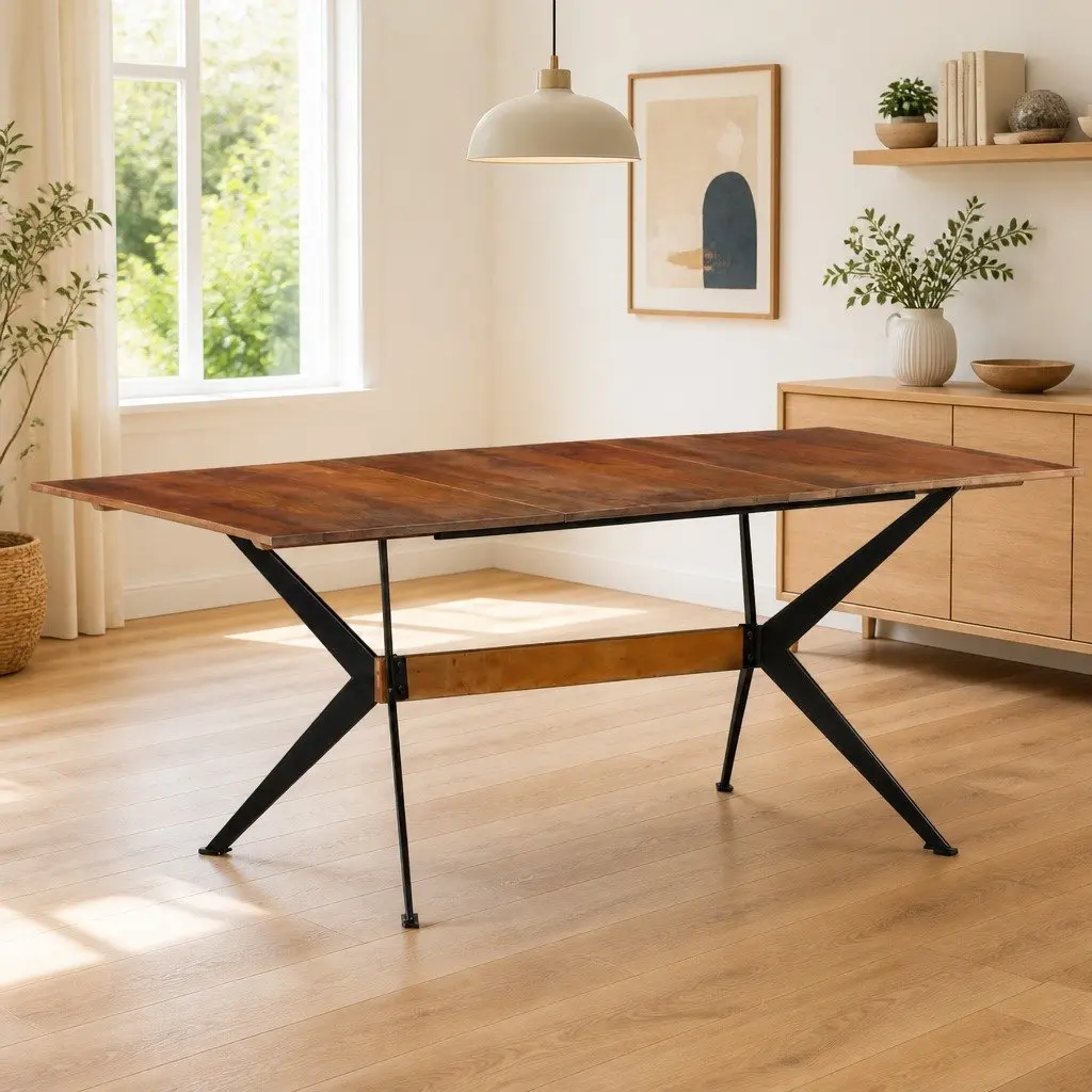 Solid Mango Wood Dining Table 180x90 cm Industrial Style Brown Kitchen Furniture