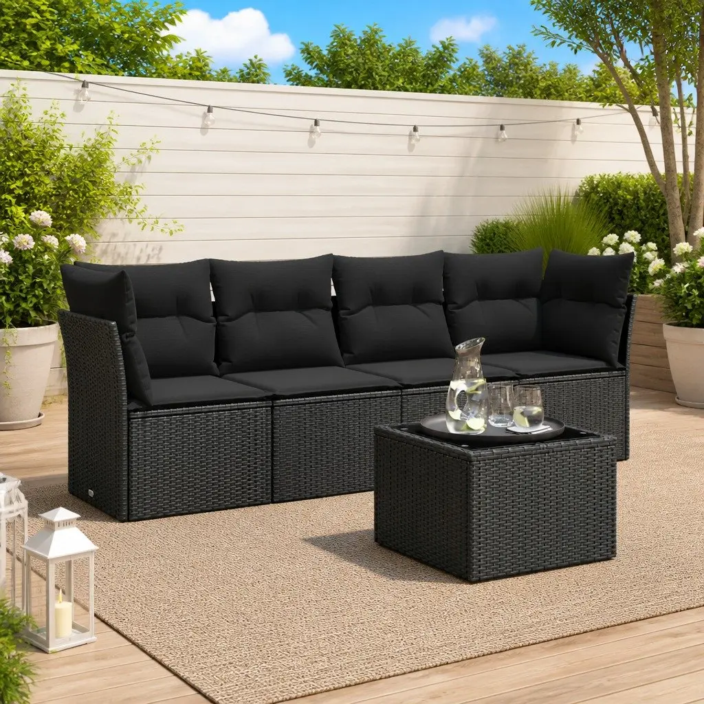 5 Piece Modular Garden Sofa Set Black Poly Rattan with Cushions and Tempered Glass Table