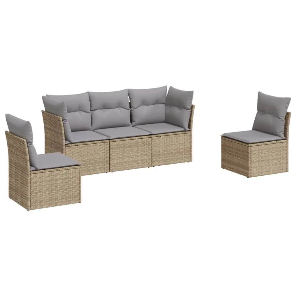 5 Piece Garden Sofa Set Outdoor Patio Furniture with Cushions Beige Poly Rattan