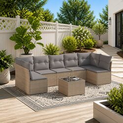 Beige Outdoor Sofa Set - 8 Piece Patio Lounge Set