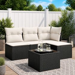 5 Piece Outdoor Garden Sofa Set with Cushions Black Poly Rattan Patio Furniture