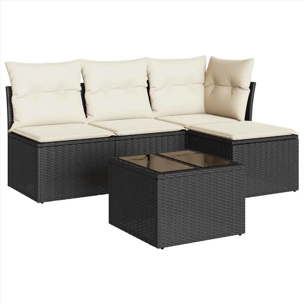 5 Piece Modular Patio Sofa Set Black PE Rattan with Thick Cushions and Tempered Glass Tabletop