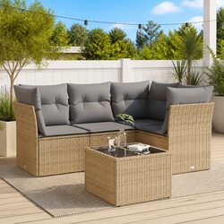 Garden Sofa Set 5 Piece Outdoor Furniture Beige Poly Rattan Patio Lounge with