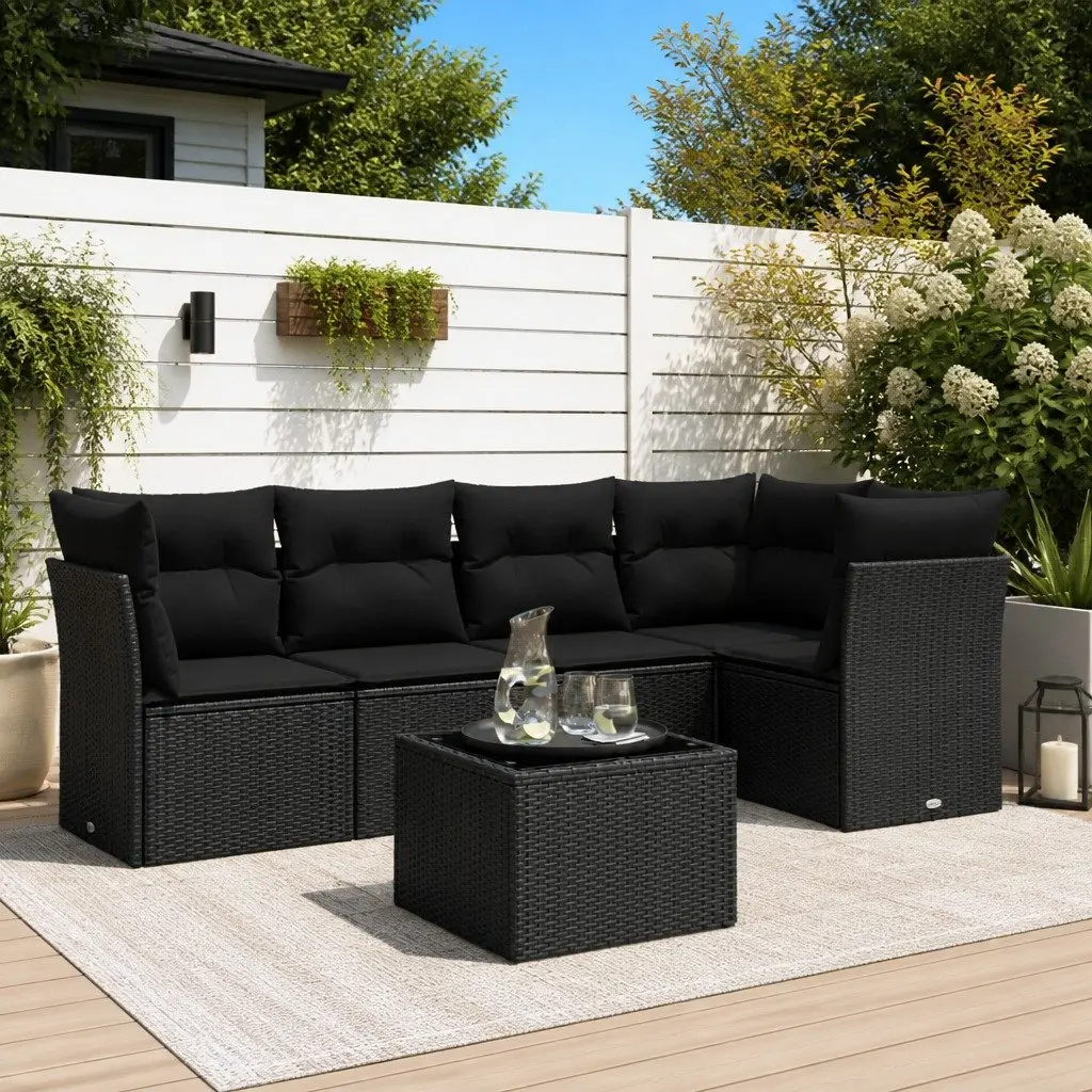 Garden Sofa Set 6 Piece Black Rattan Outdoor Patio Furniture with Cushions and Tempered Glass Table
