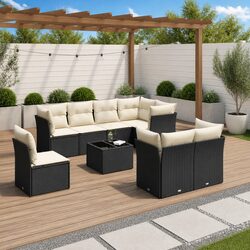 Outdoor Garden Sofa Set 9 Piece Black Poly Rattan with Cushions Patio Furniture
