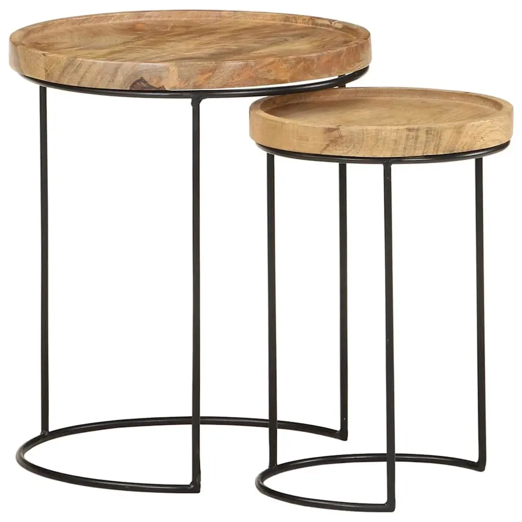 2 Piece Coffee Table Set Solid Mango Wood Steel Frame Living Room Furniture