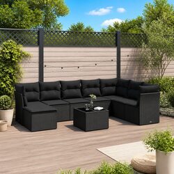 Outdoor Garden Sofa Set 9 Piece Black Poly Rattan Patio Furniture with Cushions