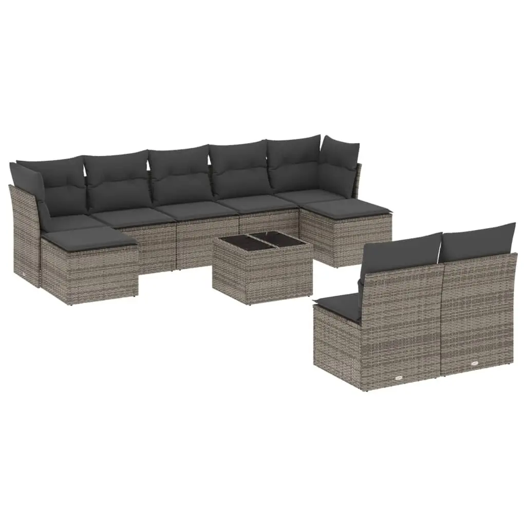 Garden Sofa Set 10 Piece Grey Poly Rattan Outdoor Furniture with Thick Cushions and Tempered Glass Tabletop