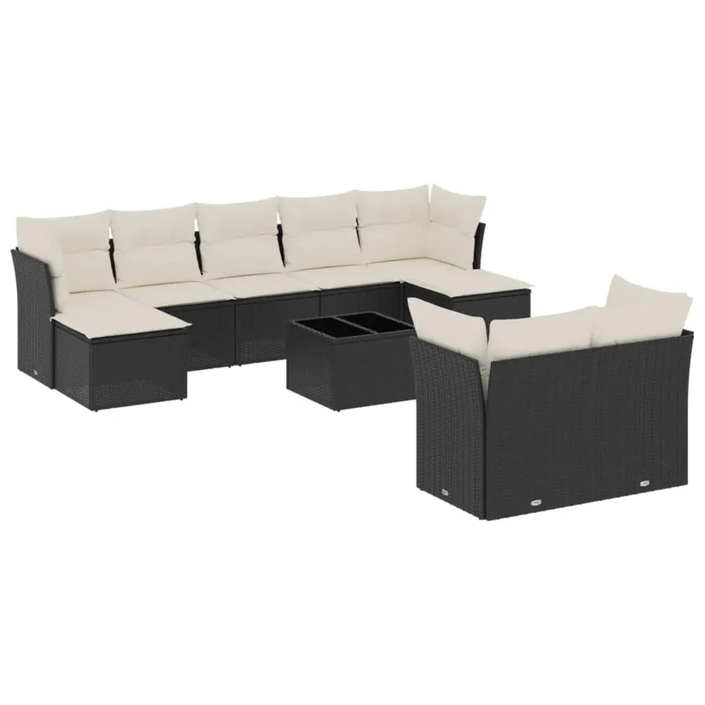 Garden Sofa Set 10 Piece Modular Outdoor Furniture Black PE Rattan with Thick Cushions and Tempered Glass Tabletop