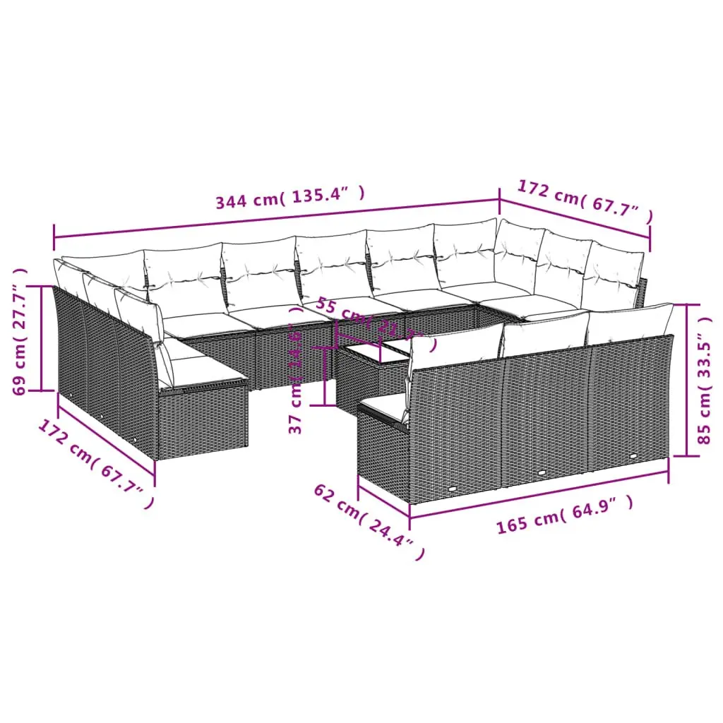 Garden Sofa Set 14 Piece Outdoor Furniture Black Poly Rattan Modular Patio