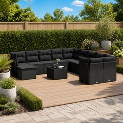 12 Piece Outdoor Garden Sofa Set with Cushions Patio Furniture Black Poly Rattan