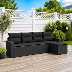 5 Piece Garden Sofa Set Outdoor Furniture Black Poly Rattan with Cushions Patio