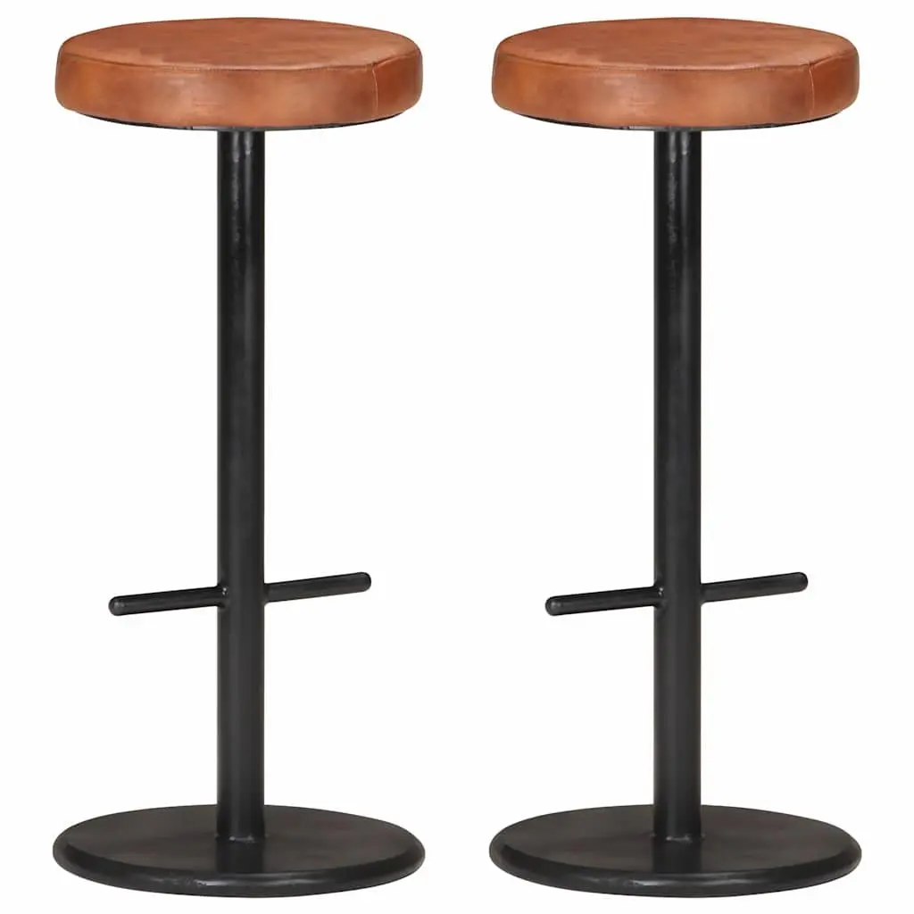 Bar Stools 2 pcs Brown Real Leather Seats Footrest Powder-coated Iron Frames