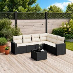 Elegant Black Poly Rattan 7 Piece Garden Sofa Set with Cushions