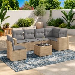 7 Piece Garden Sofa Set Outdoor Patio Furniture with Cushions Beige Poly Rattan