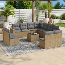 Garden Sofa Set 12 Piece Outdoor Furniture Patio Beige Poly Rattan Cushions