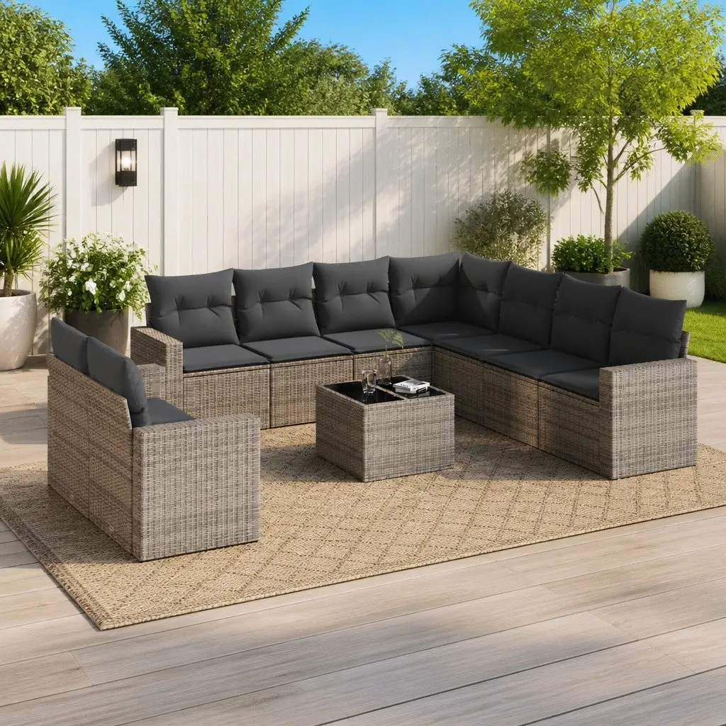 Garden Sofa Set 10 Piece Grey Poly Rattan Modular Outdoor Furniture with Cushions