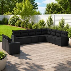 Garden Sofa Set 10 Piece Outdoor Furniture Black Poly Rattan Modular Patio