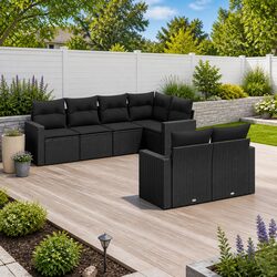 7 Piece Garden Sofa Set with Cushions Black Outdoor Patio Furniture Rattan