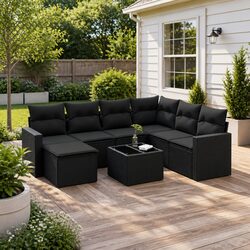 8 Piece Outdoor Garden Sofa Set with Cushions Black Poly Rattan Patio Furniture