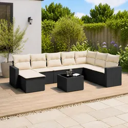 9 Piece Garden Sofa Set Outdoor Patio Furniture Black Poly Rattan with Cushions