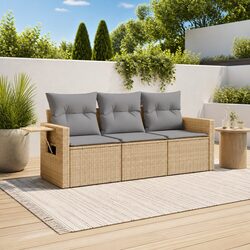3 Piece Outdoor Garden Sofa Set Beige Poly Rattan Cushions Patio Furniture