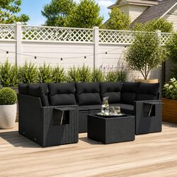 Outdoor Garden Sofa Set 7 Piece Black Poly Rattan Patio Furniture with Cushions