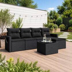 Outdoor 6 Piece Garden Sofa Set Black Poly Rattan for Comfortable Patio Relaxation