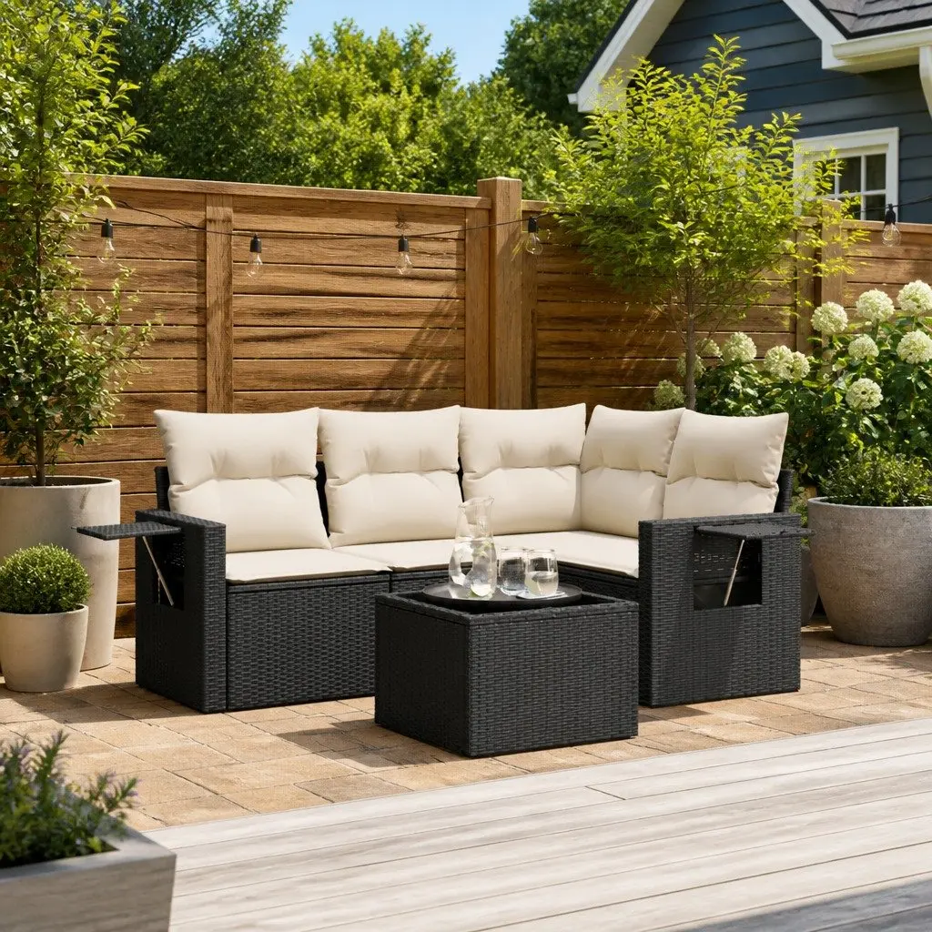 Garden Sofa Set 5 Piece Outdoor Furniture Black Rattan with Cushions and Glass Table