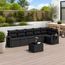 Black Poly Rattan 7-Piece Outdoor Sofa Set with Cushions