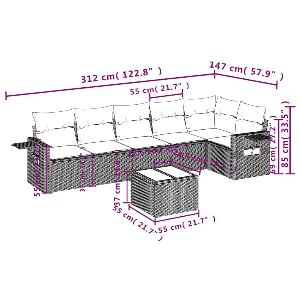 Outdoor Furniture Set 7 Piece Modular Black PE Rattan Sofa with Cushions and Glass Table for Patio